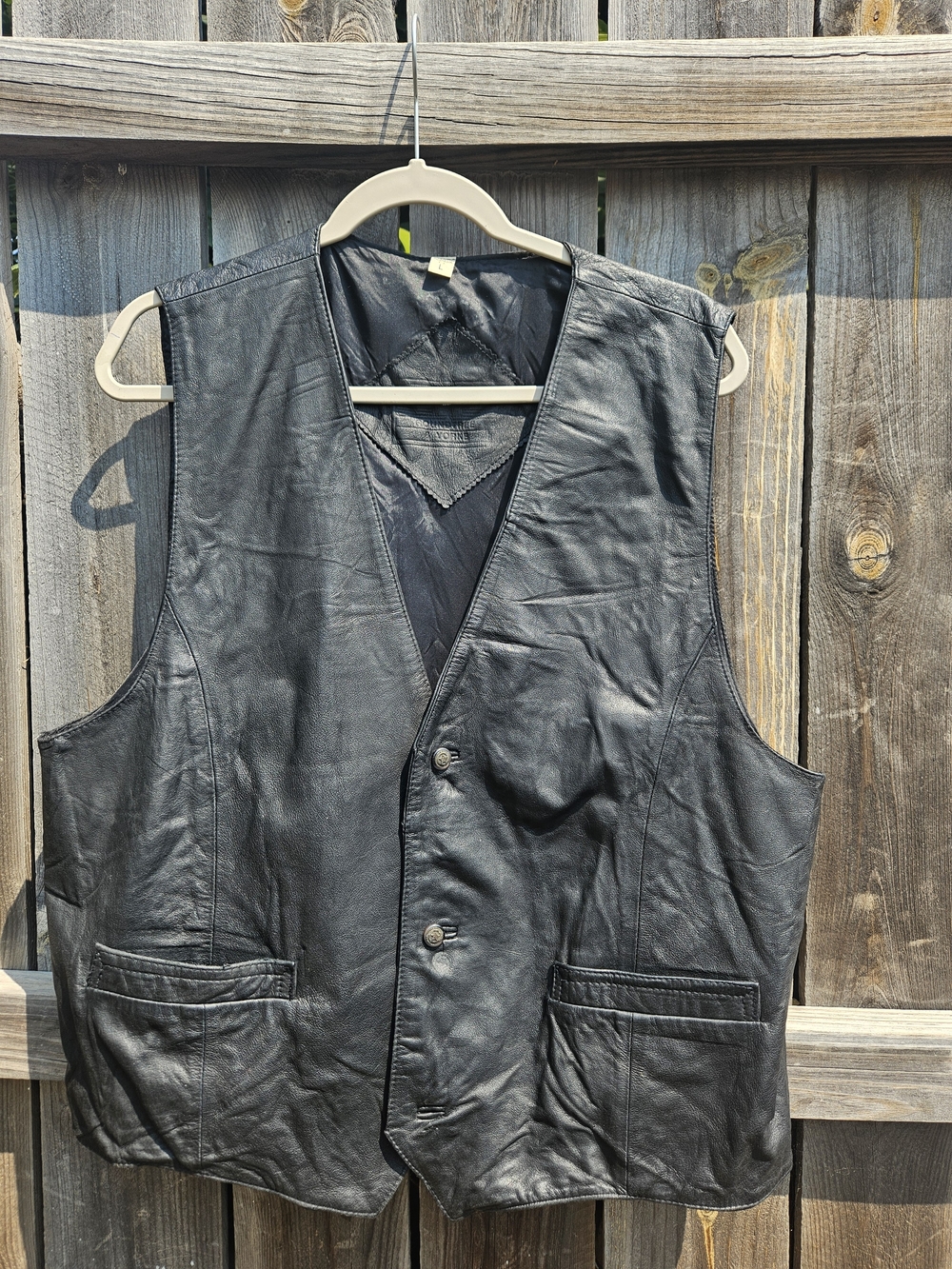Roundtree & Yorke Black Genuine Leather Button Front Vest Mens L Moto Biker VTG